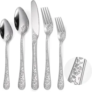 20 Pieces Silverware Set,Vintage Carved Stainless Steel  Flatware Set,  Modern Embossed Cutlery Set Utensils Including Fork Spoon and Knife