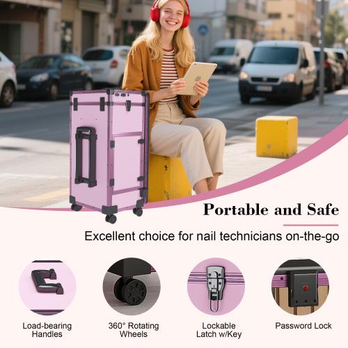 Professional Rolling Travel Portable Nail Art Table with LED Mirror, 3 Lockable Drawers, with Wheels Handle for Mobile Nail Techs & Salon Use,Telescopic Pole Foldable Manicure Station,Pink Professional Rolling Travel Portable Nail Art Table with LED Mirror, 3 Lockable Drawers, with Wheels Handle for Mobile Nail Techs & Salon Use,Telescopic Pole Foldable Manicure Station,Pink
