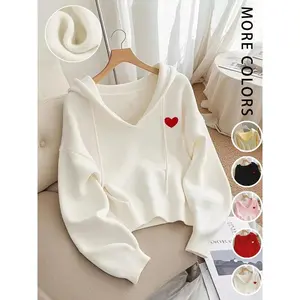 Women’s Casual Knit Pullover Sweater, V-Neck Hooded Sweatshirt, Loose Fit, Heart Embroidery, Autumn & Winter Fashion, Knitted Pullover