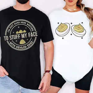 [100% Cotton] Deviled Eggs Matching Couple T Shirt, Funny Foodie Tee, Thanksgiving Graphic Tshirt, Fall Season Husband Wife Shirt, Sarcastic Stuff My Face Outfit, Holiday Gift For Couples, Cute Food Lover Tee