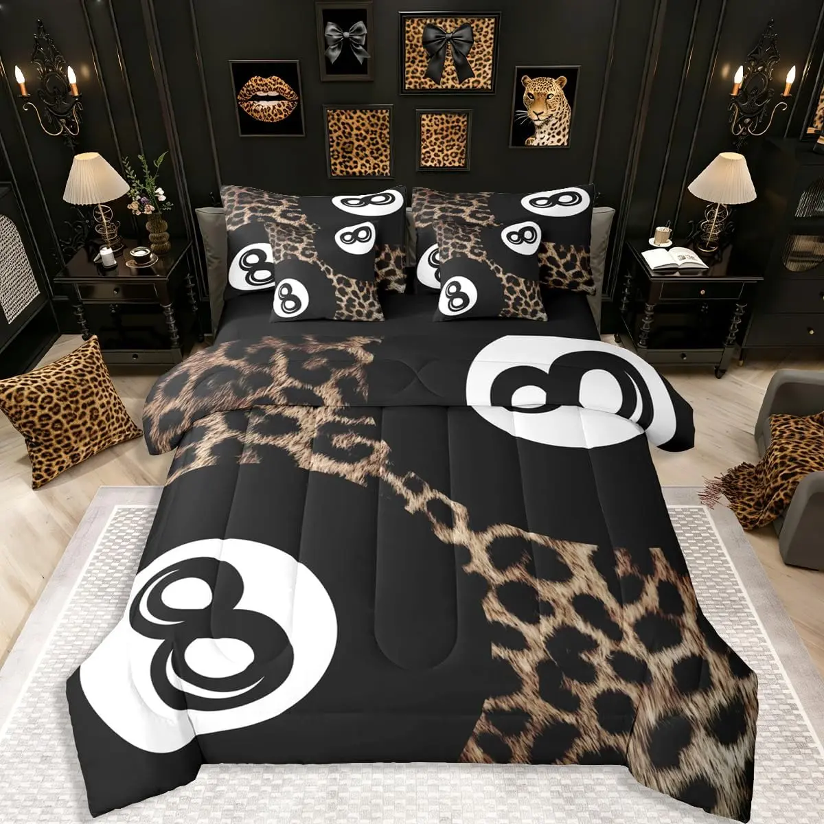 Y2K Lucky 8 Ball 7-Piece Ultra-Soft Microfiber Bedding Set - Trendy Leopard Print Comforter & Sheets, Multi-Size Preppy Fashion Bedding for Kids & Teens