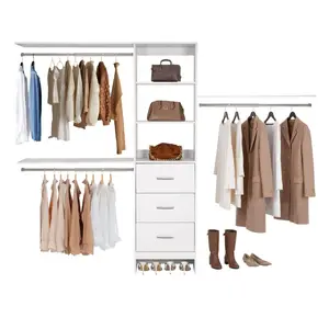 Modern White Freestanding MDF Wood Wardrobe Closet Armoire - Storage Furniture with 3 Drawers, Adjustable-Height Organizers, 3 Retractable Rods, Anti-Tip Hinges, Walk-In Closet System