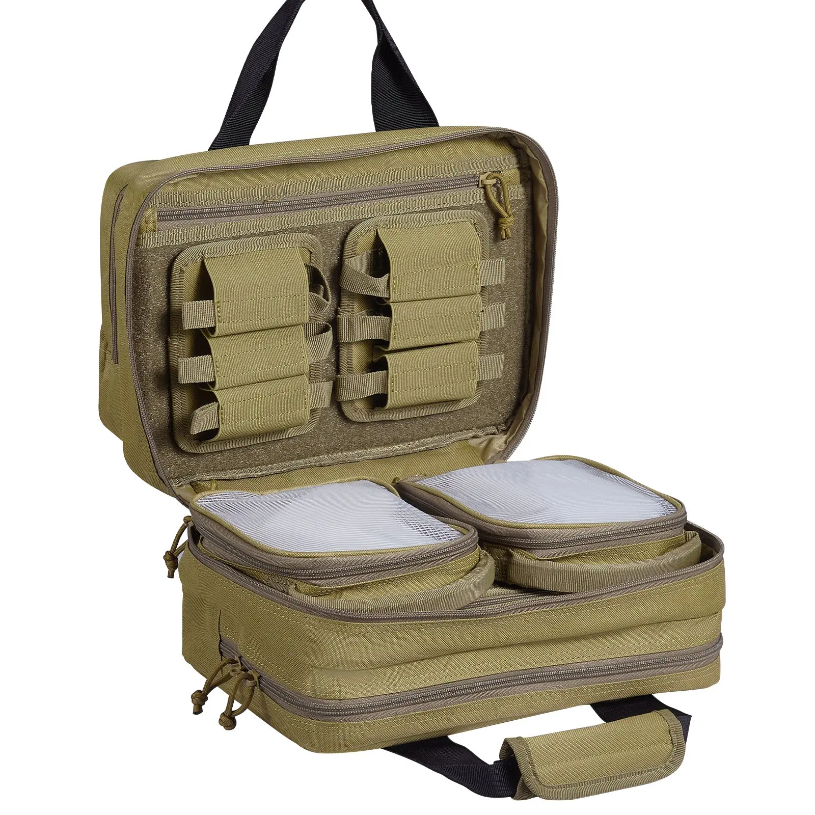 VEVOR Range Bag for 2 Pistols, Tactical Gun Bag with 2 Built-in Removable Pistol Bags 6 Detachable Magazines, Gun Range Bag for Outdoor Hunting Shooting, Lockable Carrying Handgun Bag Case, Brown