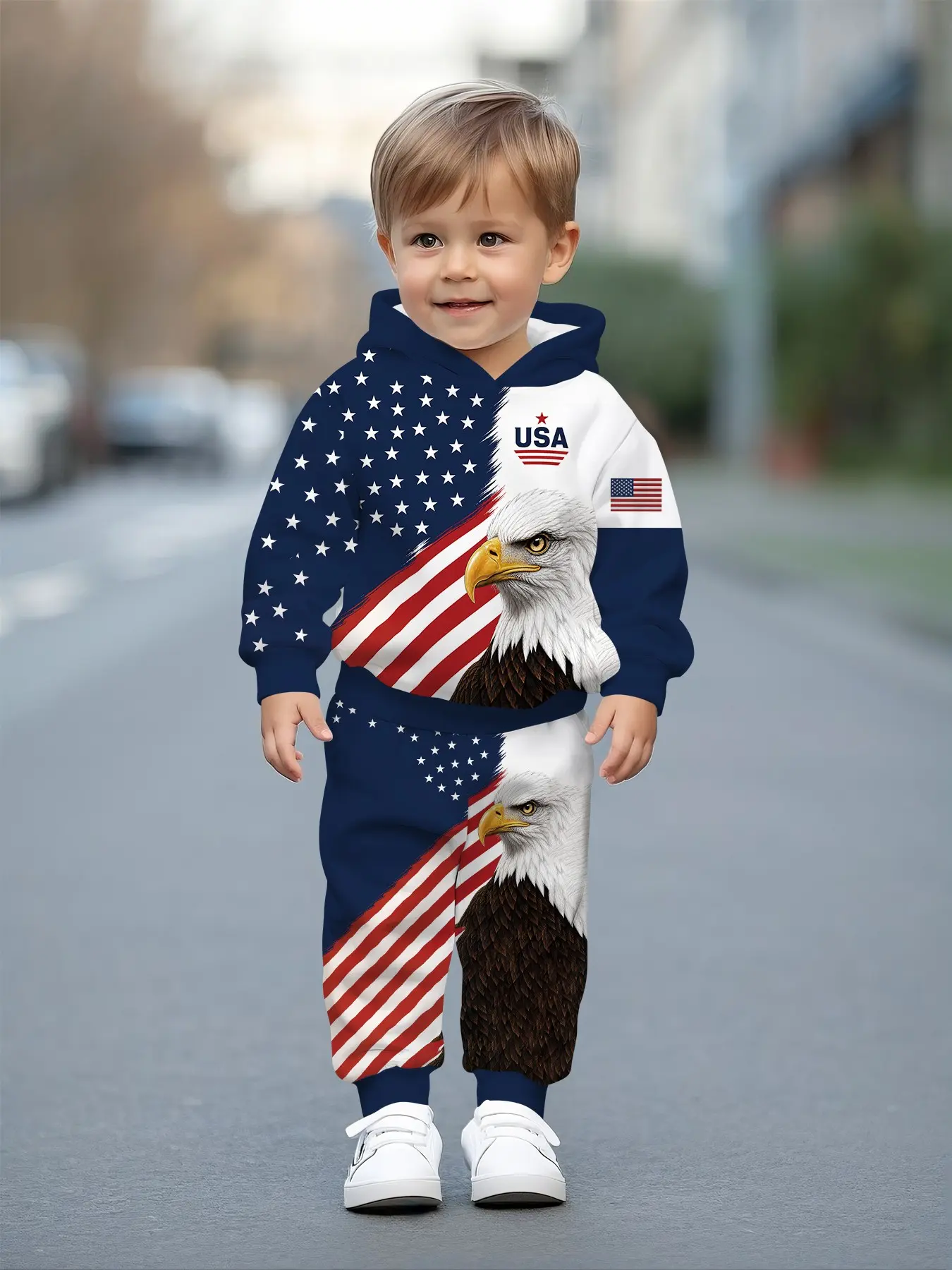 Baby boys' hooded sweatshirt combined set with red, white and blue color-blocked bald eagle digital print, casual and comfortable, perfect for daily outings, a trendy and versatile gift for little boys, Graphic Print Set, Clothes Kids