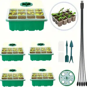 5-Pack 12-Cell Low-Profile Seed Starter Tray Kit, LED Grow Light, Organic Nursery Pots, 10 Labels, 2 Transplanting Tools, Indoor Gardening, Plant Growing Set