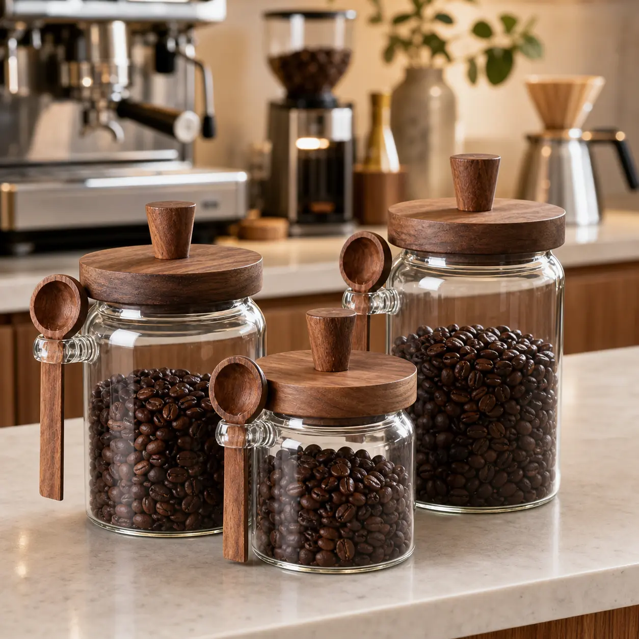15/20/26 oz Glass Coffee Bean Storage Jars with Bamboo Lids, Coffee Bar Countertop Canisters
