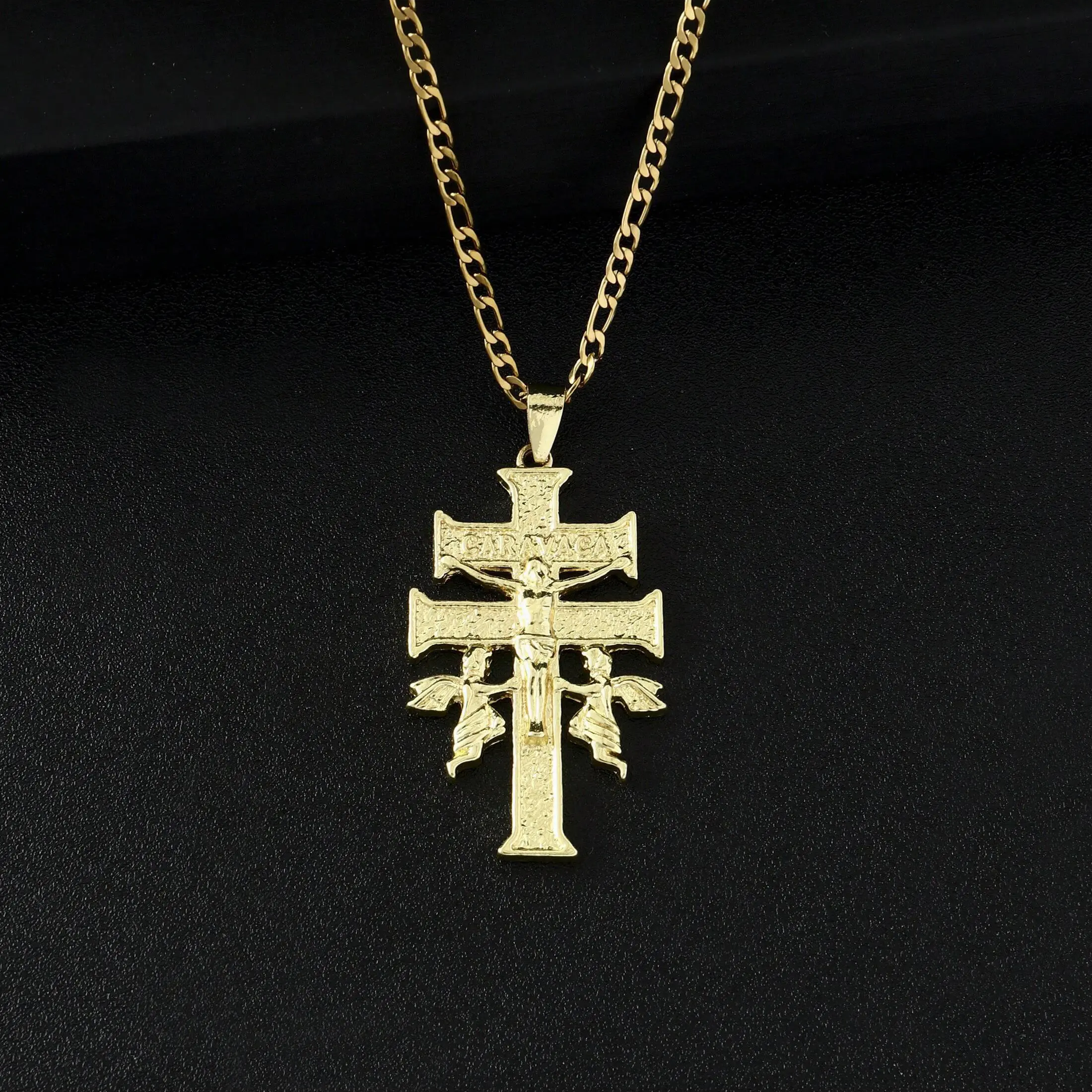 Men's Stainless Steel 14K Gold Plated Catholic Caravaca Cross Pendant With Angel Necklace 3mm 24" Figaro Chain Religious Necklace Jewelry