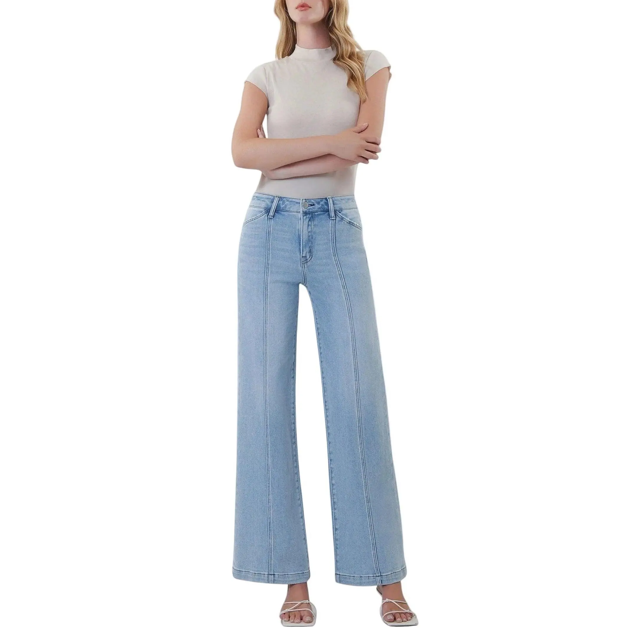 Flying Monkey Women's Everyday High Rise Wide Leg Jeans, Comfortable Spandex Stretch with Cut Seam Detail, Light Wash 31" Inseam, Bottoms, Denim, Button, Fit, Clean Hem, Cotton Blend, Full Length
