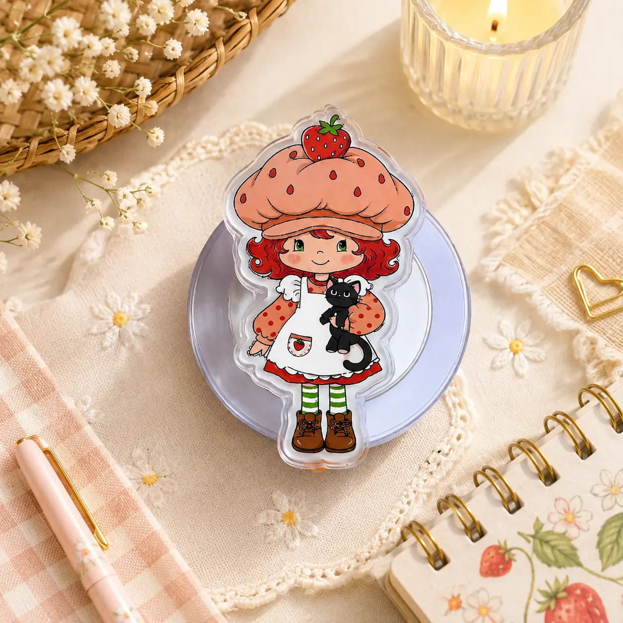 Strawberry Girl Magnetic Phone Grip, Cute Strawberry Cottagecore MagSafe Phone Holder, Kawaii Redhead Kindle Grip Stand, Berry Lover Gift