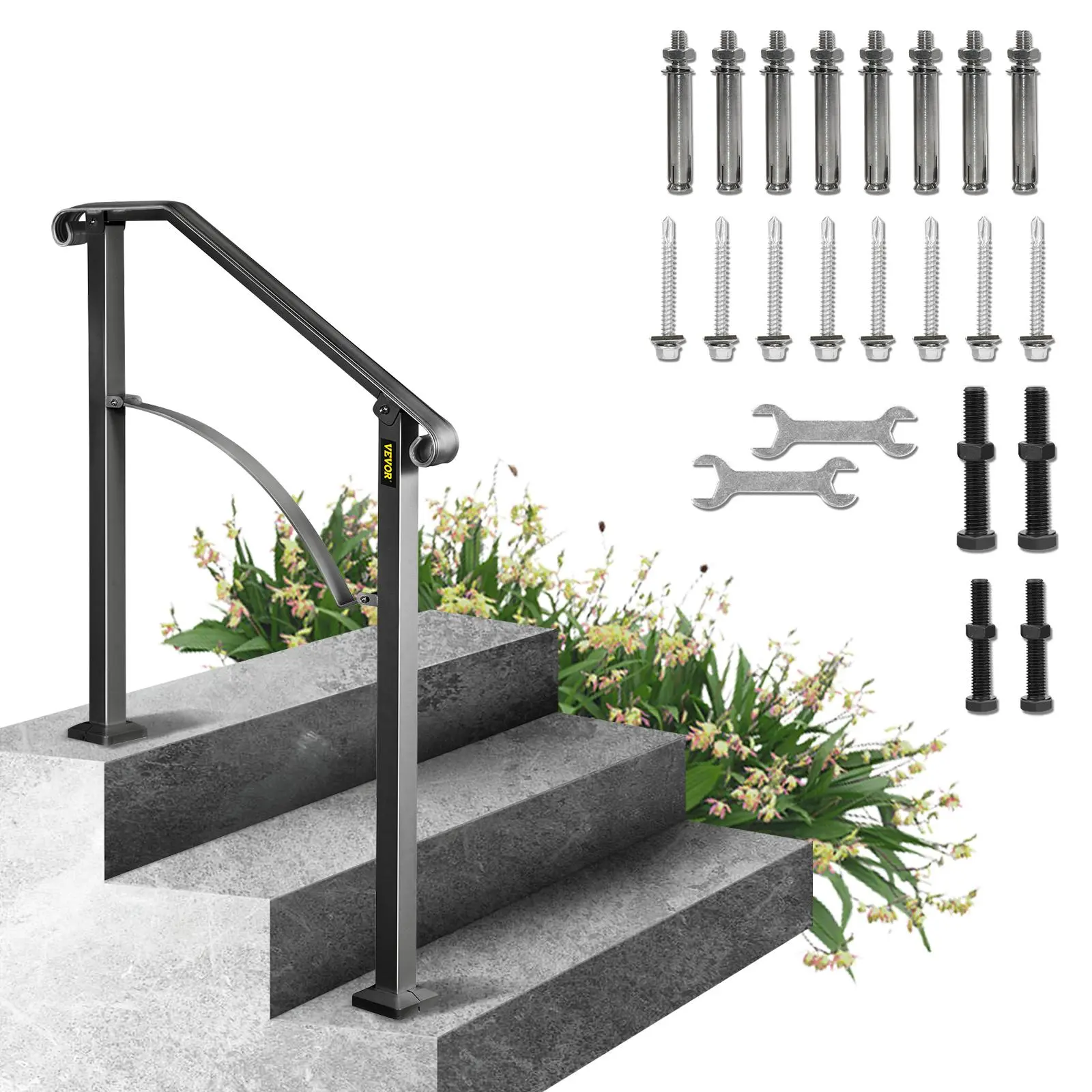 【Summerfinds】VEVOR Handrails for Outdoor Steps Fit 2 or 3 Steps Outdoor Stair RailingArch#2 Wrought Iron HandrailFlexible Porch RailingBlack Transitional Handrails for Concrete Steps or Wooden Stairs