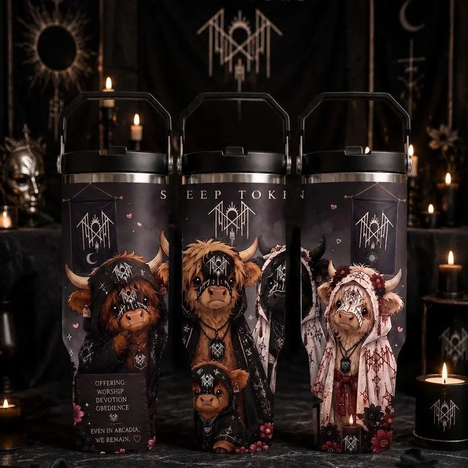 Sleep Token Highland Cow 40oz 30oz 20oz Tumbler With Handle, Gothic Dark Floral Insulated Travel Cup With Straw, Gift for Fans