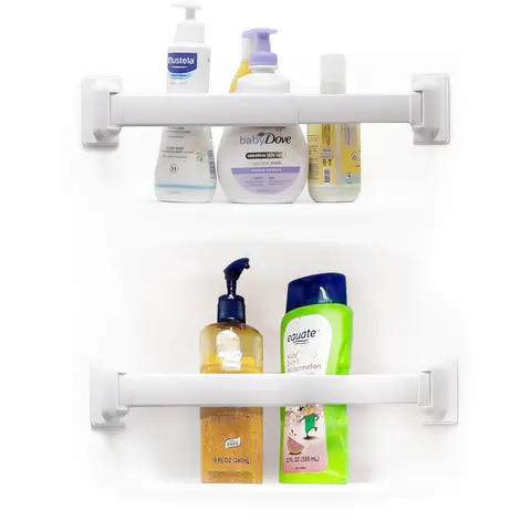 Safoner RV Shower Corner Storage Bar, Bathroom Shelf Caddy for Organization Adjustable 10-15.5'', Aluminum Rod and Plastic End, Pre-attached High-adhesion Pads, Keep Shower Essentials Organized, 2 Pack
