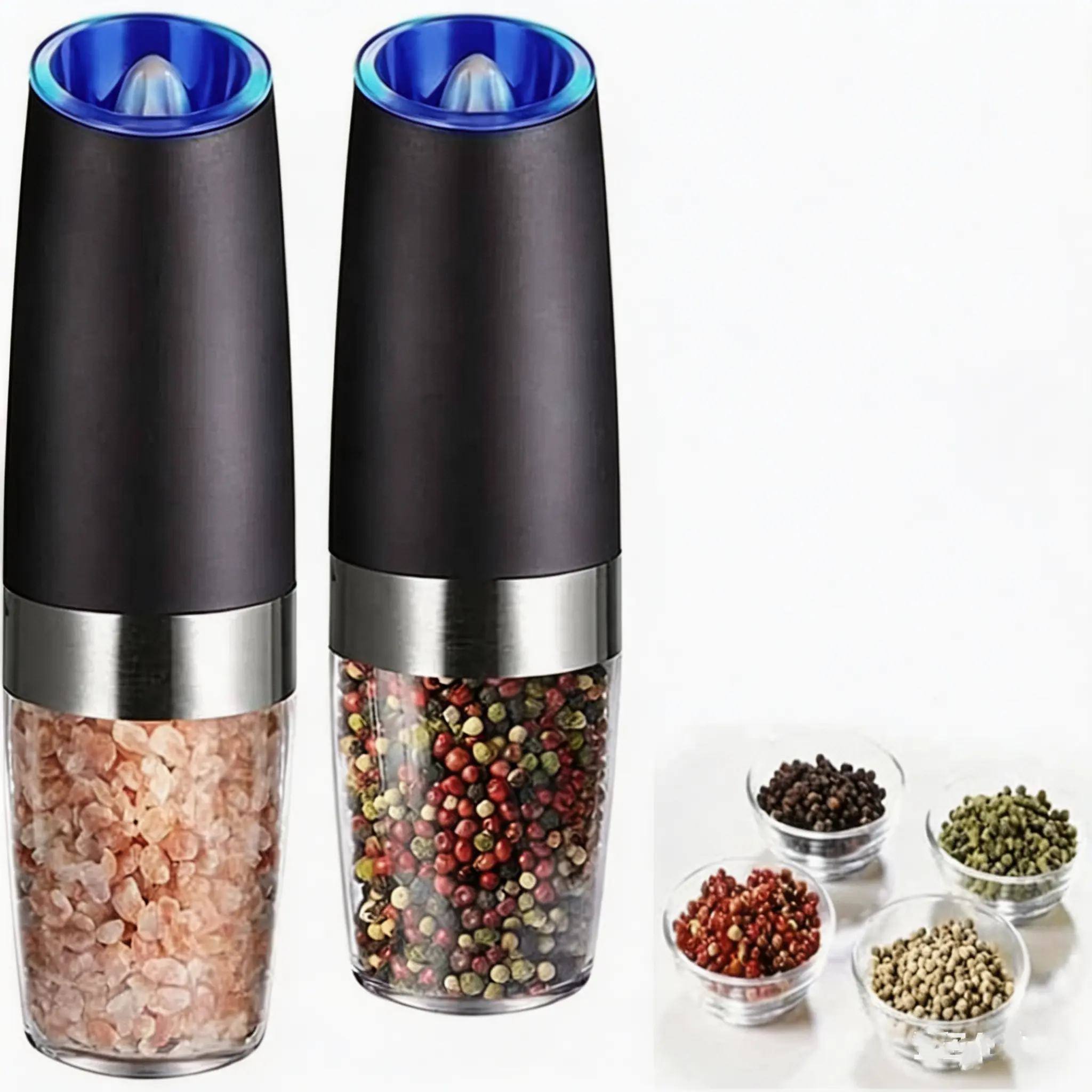 2-Pcs Automatic Gravity Electric Salt Pepper Shakers Set - Kitchenware Kitchen Gadgets with Ceramic Core, Auto Grind, Automatic Operation, Bright LED Light, 6 AAA Batteries, Adjustable Coarseness, Large Capacity for Home BBQ