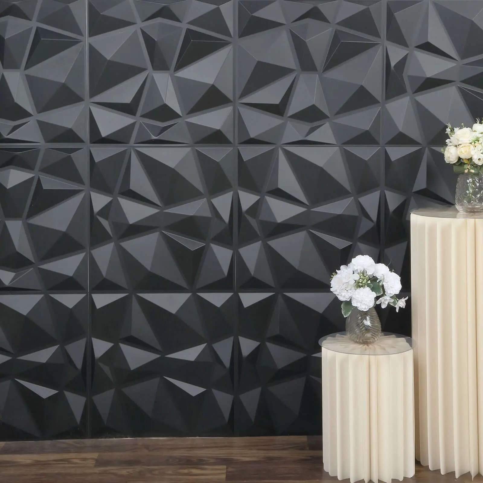 12-Pack 20"x20" Matte Black PVC Adhesive Tile Set 3D Wall Panels, Diamond Pattern Glue-Based 3D Texture Stick-On Waterproof Wall Tiles for Home Improvement, Diamond Pattern 3D Wall Panels