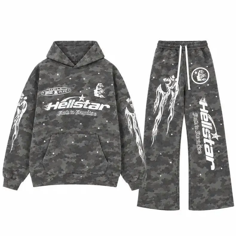 Hellstar Flame Star 2 Piece Hoodie and Sweatpants Set | Washed Charcoal Camo Y2K Tracksuit | Multiple Colors Unisex Sweatsuit
