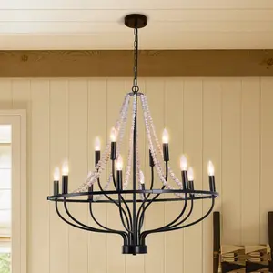 Garwarm Vintage Chandeliers,12-Light Round Wagon Wheel Chandelier with Wood Beaded,Black Farmhouse Pendant Light, Adjustable Height Hanging Light for Kitchen Bedroom Dining Room