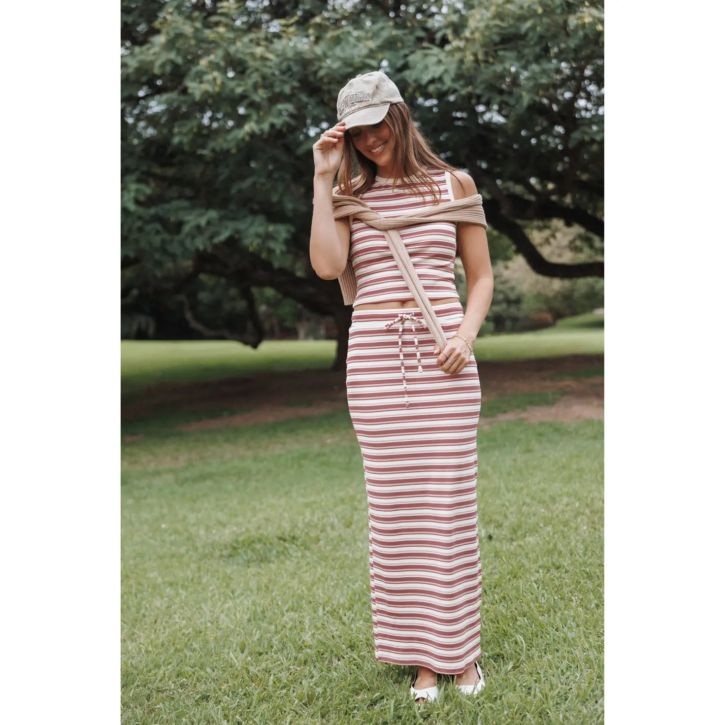 Kelly Maxi Skirt Set - Burgundy/Pink Stripe