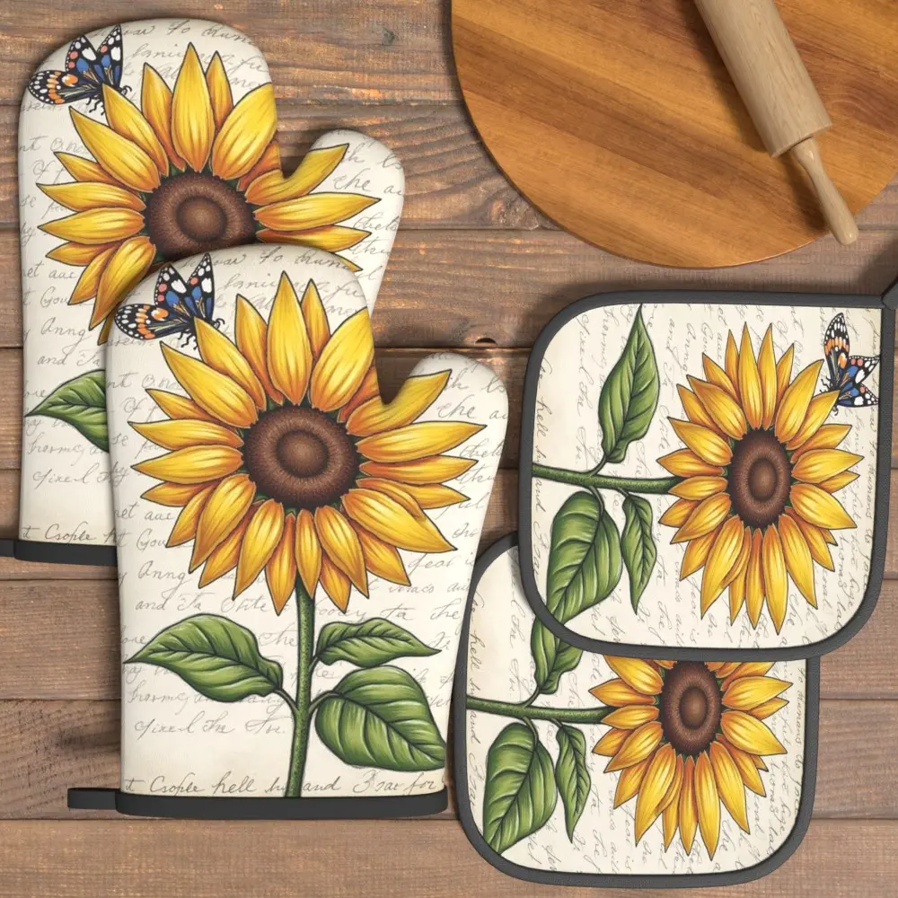 4pcs Heat Resistant Oven Mitts And Potholders Sunflower Watercolor Style Cute Butterfly Oven Mitts And Pot Holders Sets Suitable For Kitchen Decoration, Cooking, Grilling, Baking And Great Holiday Camping Picnics Gifts