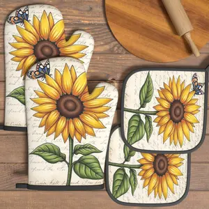 4pcs Heat Resistant Oven Mitts And Potholders Sunflower Watercolor Style Oven Mitts And Pot Holders Sets Suitable For Kitchen Decoration, Cooking, Grilling, Baking And Great Holiday Camping Picnics Gifts