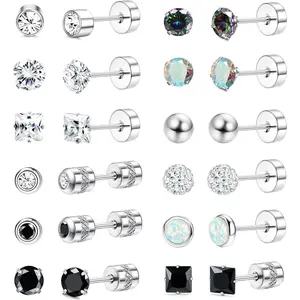 【Summervibes】CASSIECA 12 Pairs Surgical Steel Stud Earrings for Women Men Hypoallergenic Silver Flat Back Earrings Zirconia Sleeper Helix Tragus Cartilage Earrings Set for Ear Piercing Studs