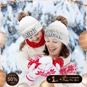 PWEST MAMA 2pcs Women Parent-Child Beanie Hats Mother&Kids Winter Warm Knit Hat Set Embroidery Family Matching Cuffed Crochet Caps