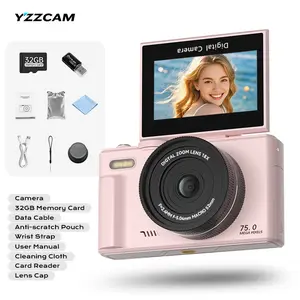 YZZCAM digital camera includes a free 32GB microSD card, 3-inch 180-degree flip screen, Wi-Fi transfer to smartphone, built-in beauty filter, and flash
