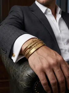 Men's Open Bracelet Set, Roman Numerals Woven Design, Stainless Steel Adjustable Business Jewelry, Perfect Gift