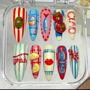 Mediterranean Summer Press On Nails 3D Lemon Tomato Lobster Handmade Reusable Fake Gel Nails Coastal Vacation Fruit Nail Art Set for Women | Free Adhesive Tabs, Nail File & Cuticle Stick
