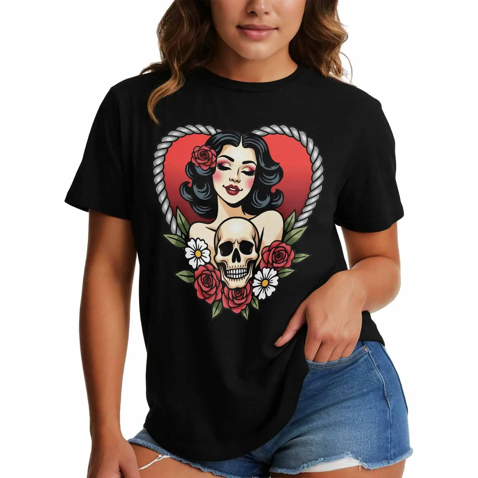 Vintage Tattoo Pin-up Girl Skull Graphic T-Shirt - 100% Soft Cotton Tee for Rockabilly Style