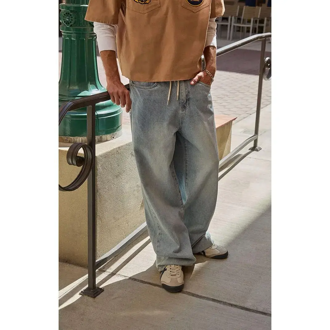 Men's Cotton Oversized Blake Extreme Baggy Jeans, Relaxed Fit Loose Drawstring Light Indigo Menswear Bottoms, Stylish