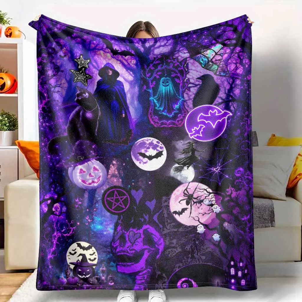 Purple Gothic Halloween Flannel Blanket Witch Cat Bat Pumpkin Moon Spider Web Print Soft Cozy Warm Plush Lightweight for Bed Sofa Couch Living Room Party Gift