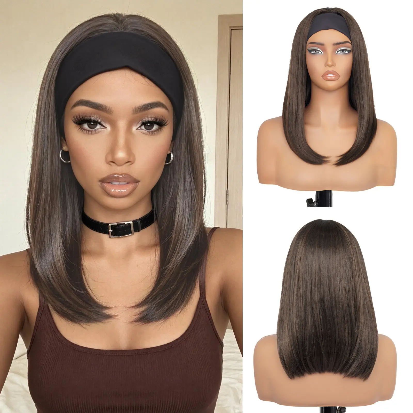 Elegant Highlight Headband Wig with Sleek Straight Hair Short Brown Wig Put On and Go Glueless Wig Natural Looking for Daily Wear