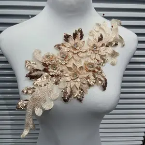 Clothing Accessories, Embroidery Flowers, Handmade Glass Beads, Lace Floral Decorations, Floral Appliques, DIY Materials for Dresses and Wedding Gowns