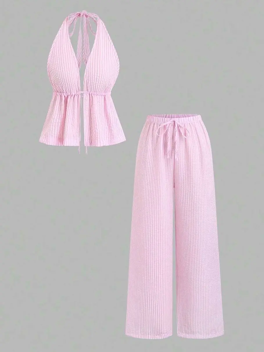 Women's Textured Striped Halter Backless Top and Wide Leg Pants Set, Summer Vacation 2 Piece Outfit, Casual Beach Travel Matching Set