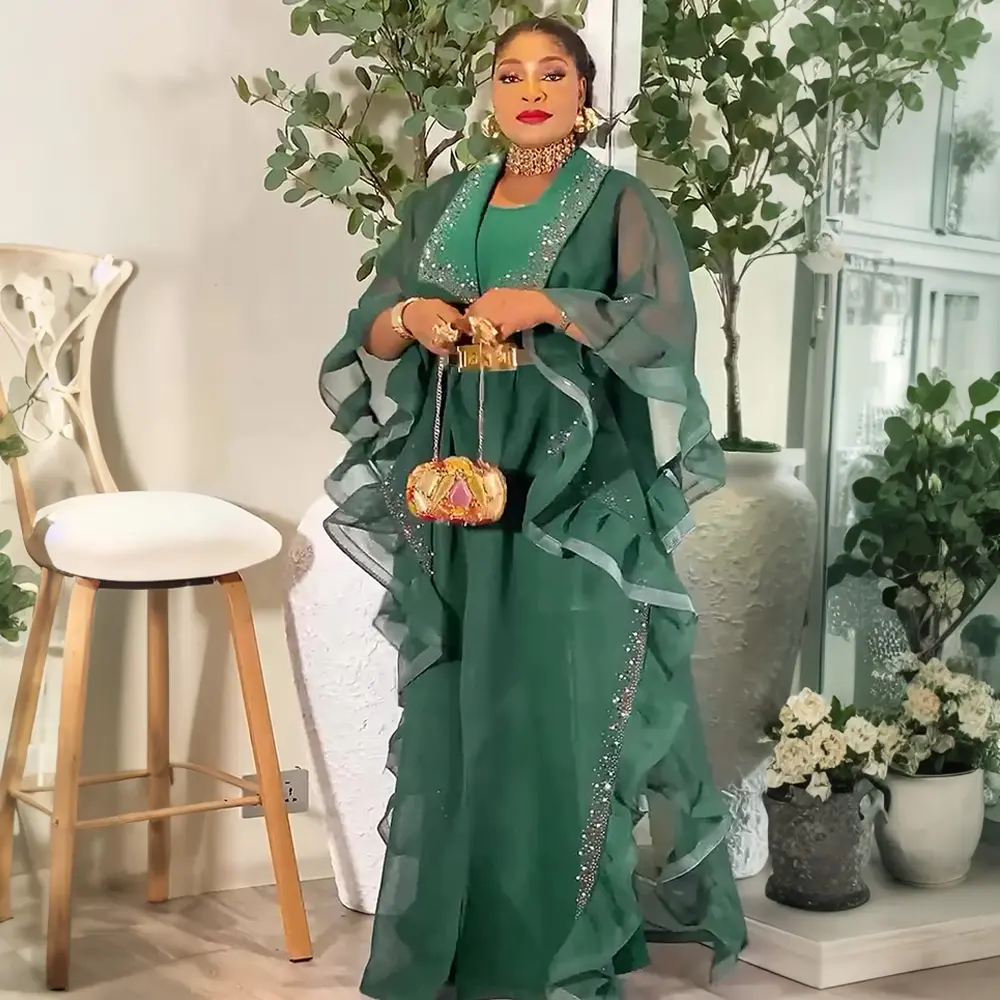 Women's 2-Piece African Dashiki Diamond Outfit - Plus Size Green Bubu Kaftan Boubou Robe, Loose Fitting Summer Dress for Wedding Guest Parties, Bubu Kaftan Dress, Loose Fitting Dress