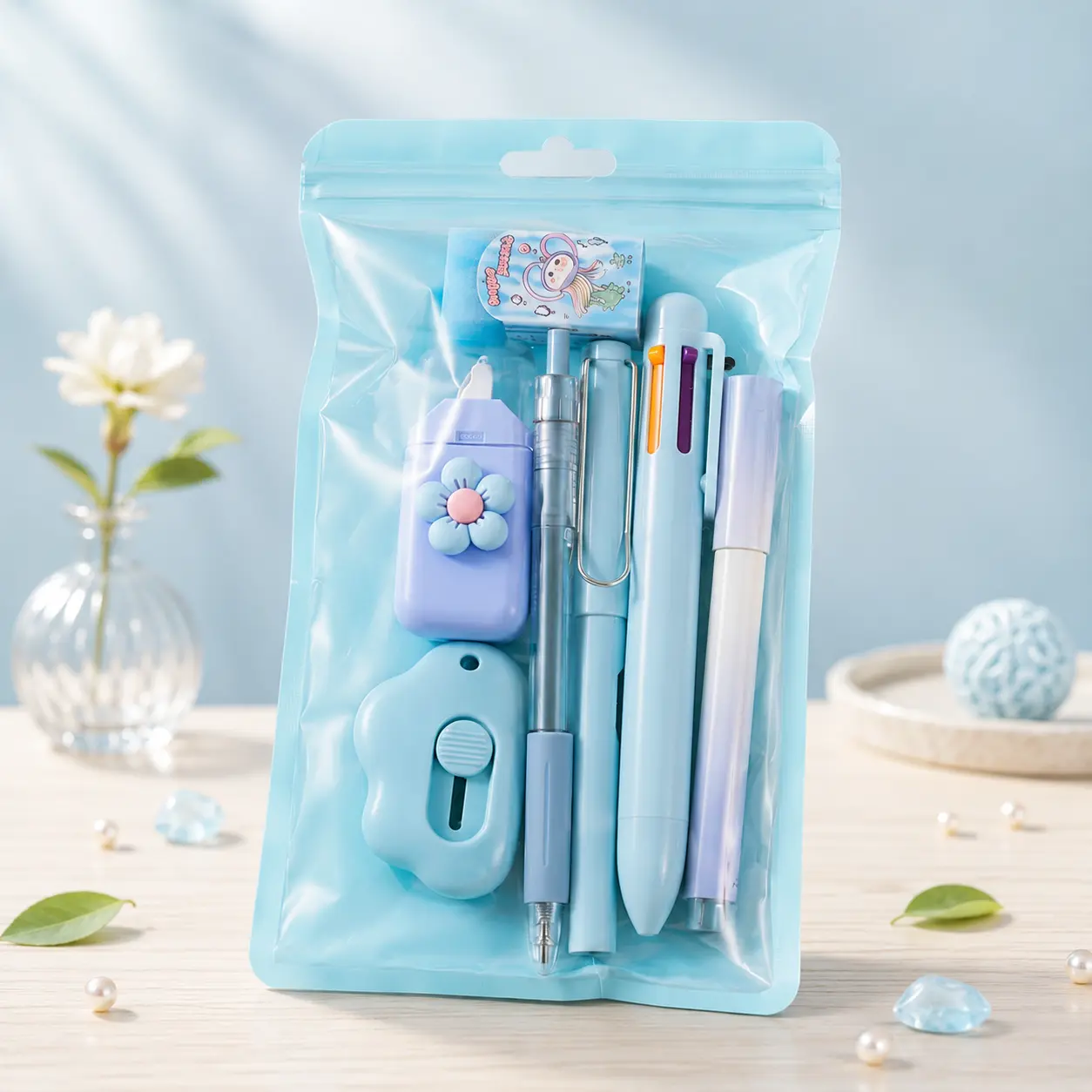 Cute Pastel Blue Aesthetic Stationery Set - Lightweight Kawaii Kit with Multi-Color Marking Pens, Eternal Pencil, Eraser, Sharpener, Portable Pack (Back to School Haul, Birthday Gifts for Teen Girls, Great Gift for Friends)
