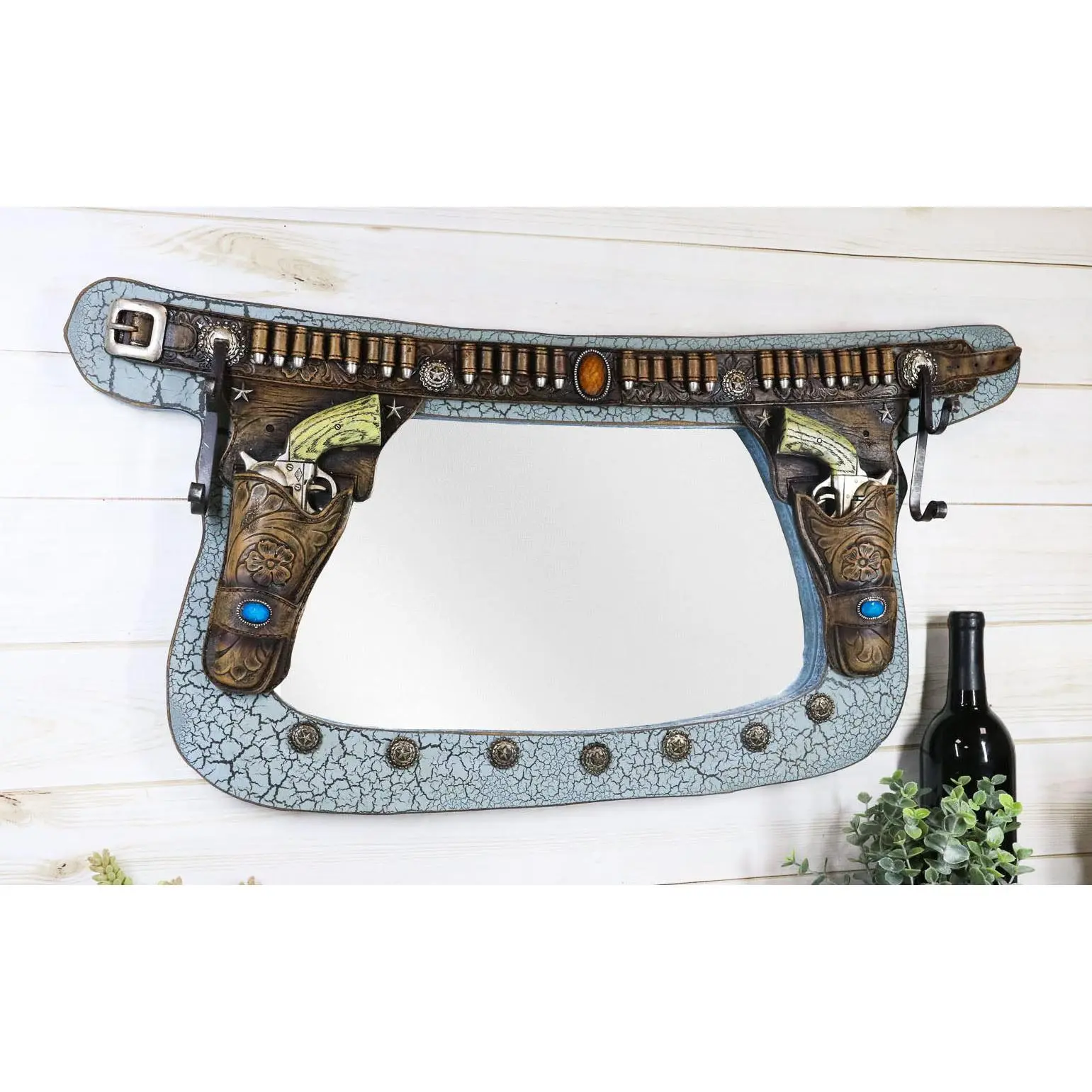 Western Dual Pistols In Holster Faux Tooled Leather Wall Mirror W/ Towel Hooks