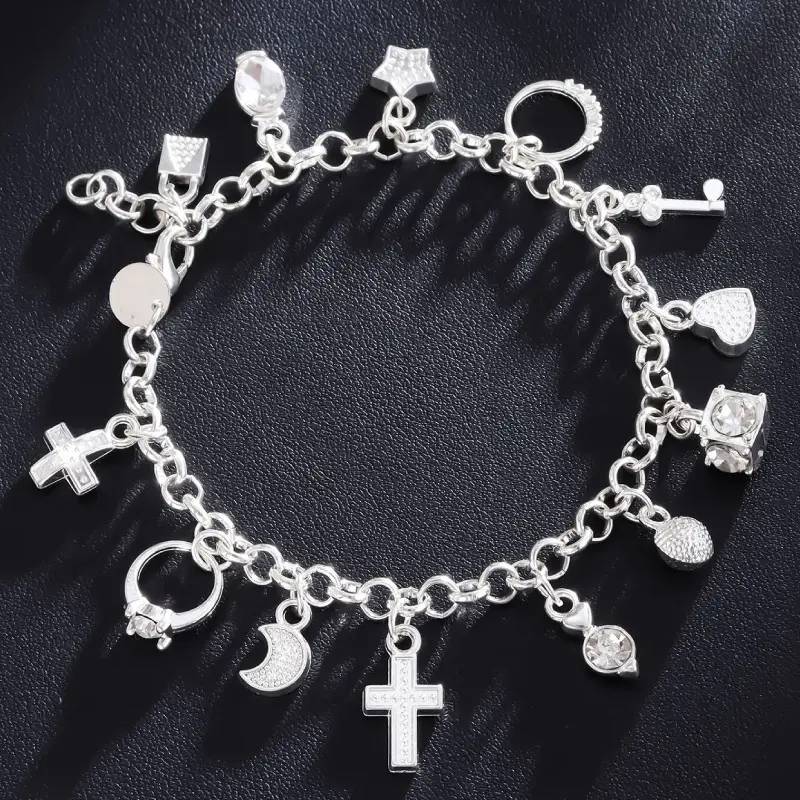 Alloy Charm Bracelet, Layered Multi-Element Bangle with 13 Charms and Different Textures, Lightweight Party Accessory, Lightweight Fit, Mix Of Elements, Bracelet With Charms, Stacking