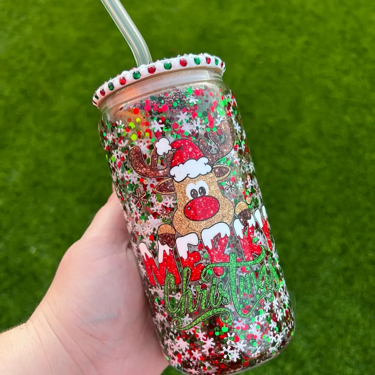 Reindeer Christmas Snowglobe 16oz Glass Can with Bling Lid
