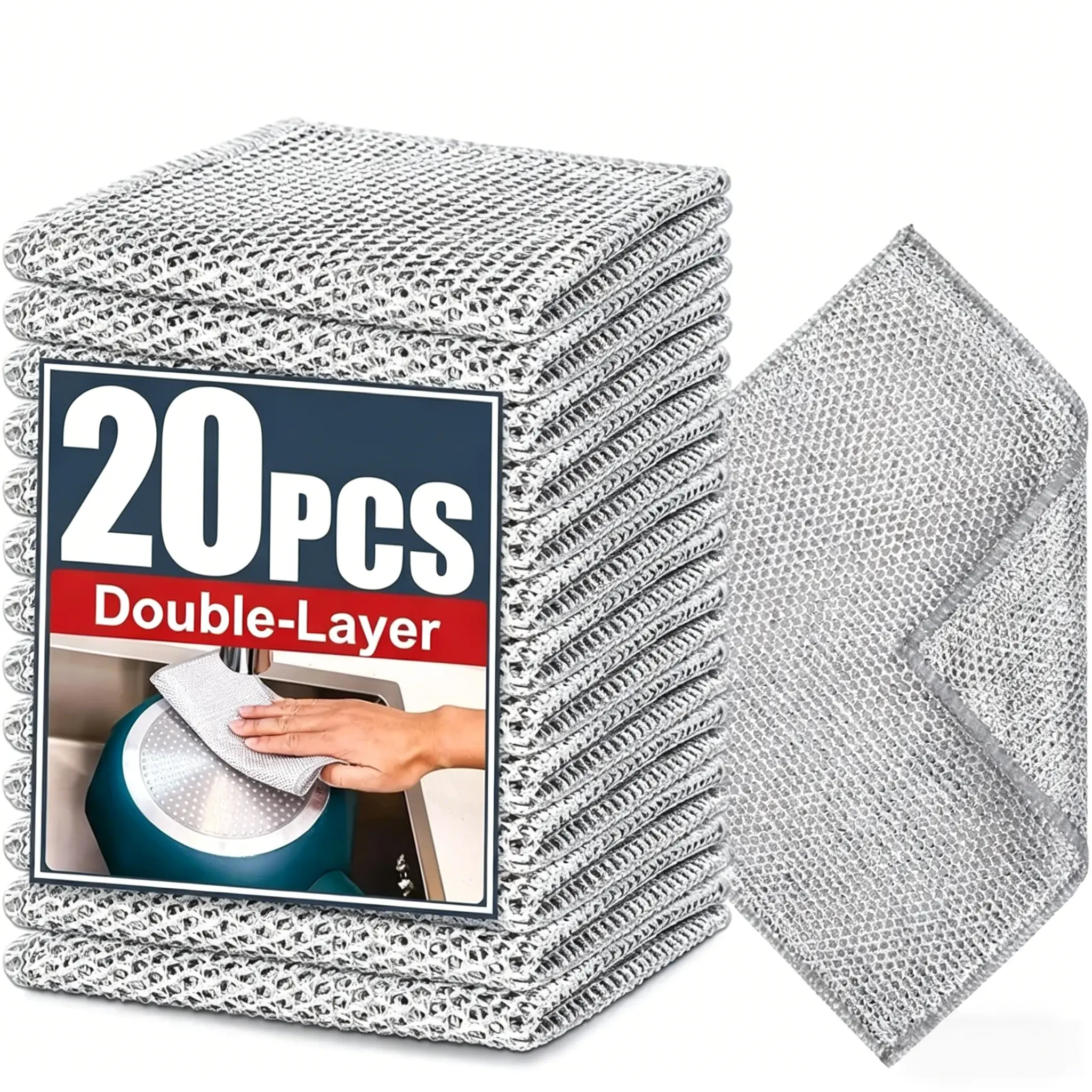 20 Count Non-Scratch Wire Dishcloths, Double-Layer Reusable Cleaning Rags, Wet & Dry Washable Kitchen Scrub Cloths for Dishes, Pans, Sinks and Home Cookware, Durable Multipurpose Cleaning Supplies