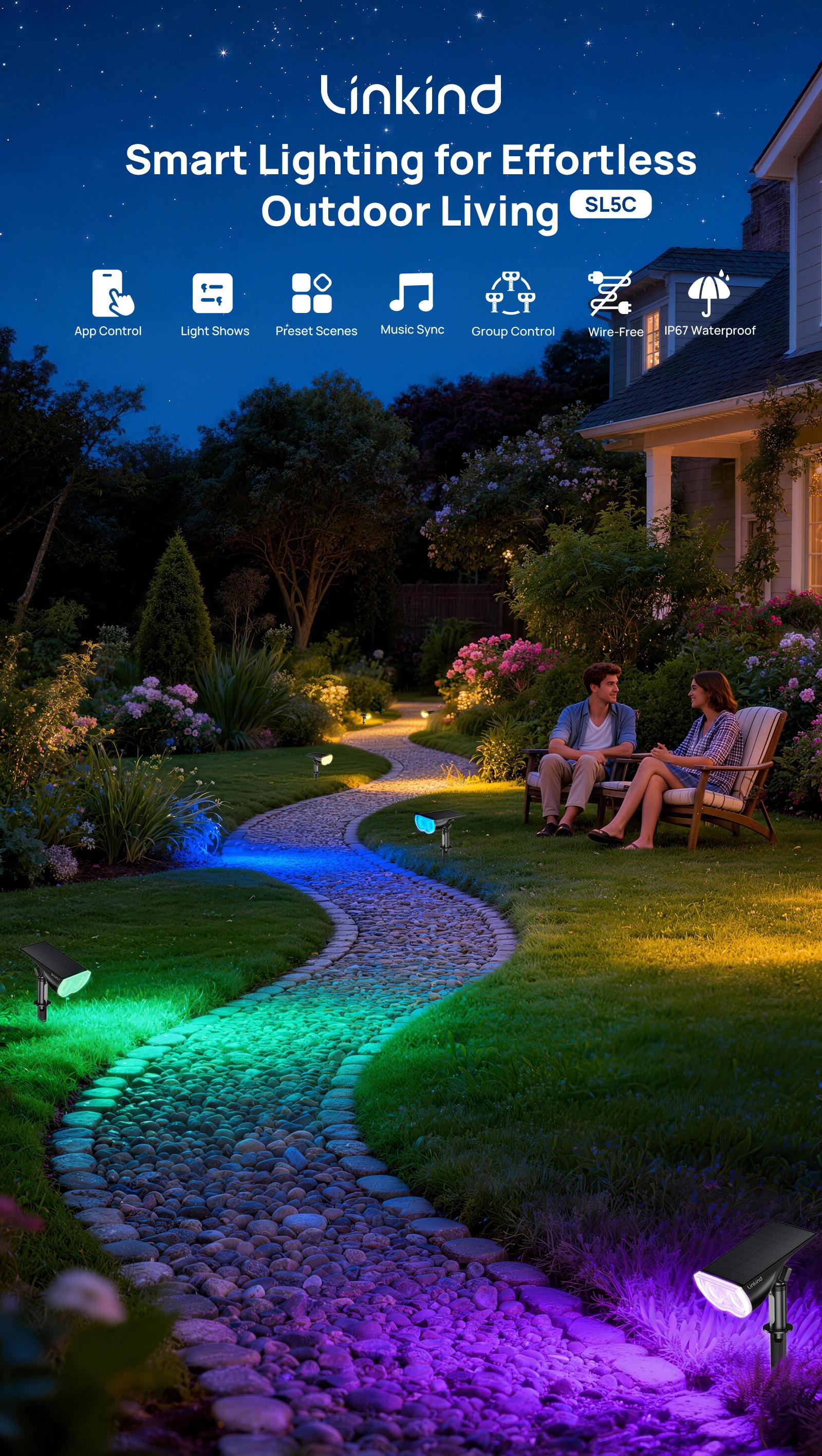 [Upgrade Your Backyard] Linkind Smart Solar Spotlight RGBTW Color Changing Cool Warm White Landscape Lighting APP Control Solar Lights Outdoor IP67 Waterproof for Yard Garden Pathway with AI-Dot App for Customizable Scenes