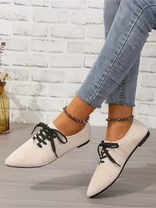 Women's Beige Suede Pointed Toe Flats, No-Tie Lace-Up Slip-On Walking Shoes, Trendy Casual Footwear, Lightweight Casual Shoes, Summer Flats