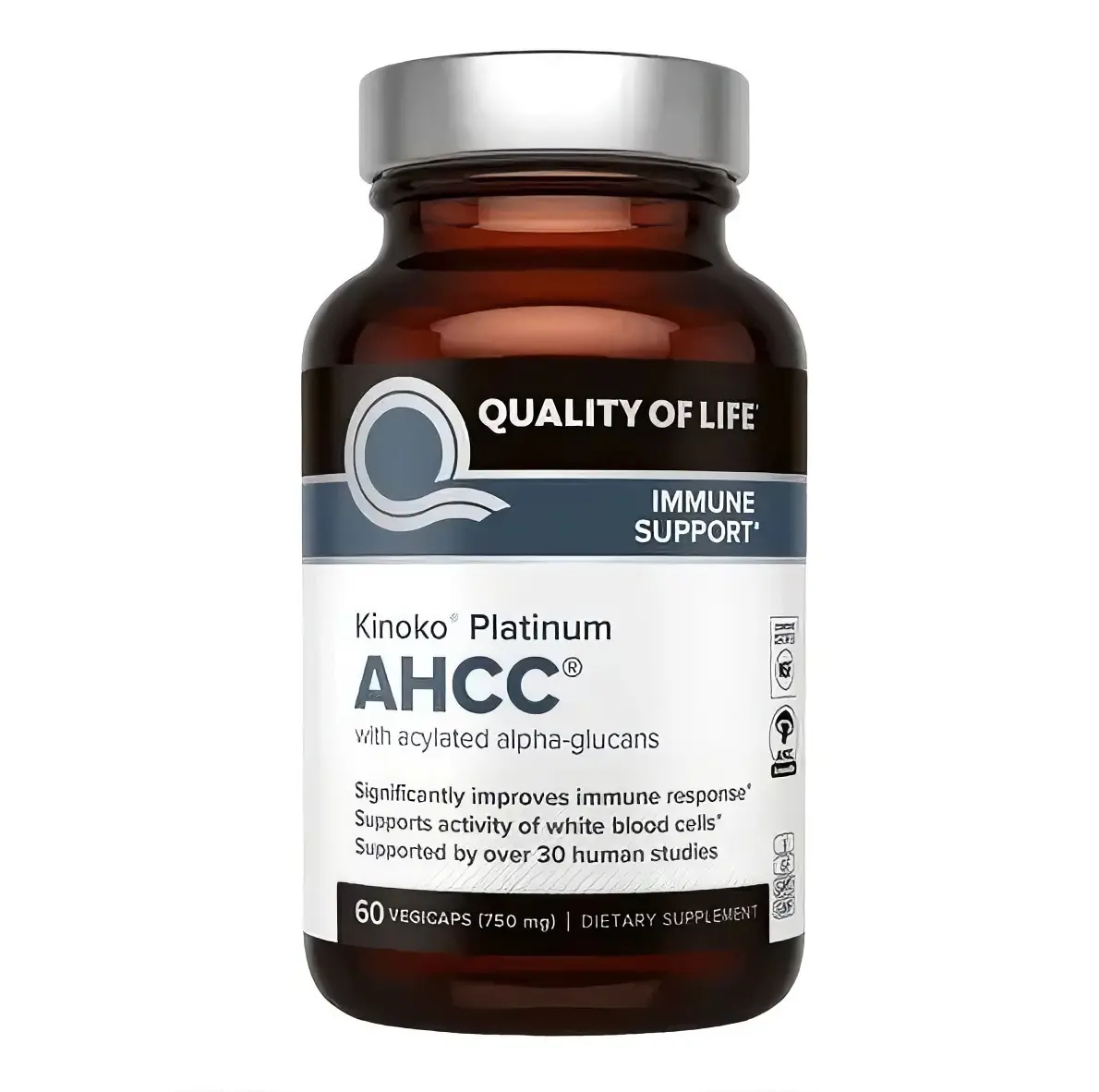 Quality of Life Kinoko Platinum AHCC with Acylated Alpha-Glucans 60 Vegicaps 750 mg Immune Support Dietary Supplement