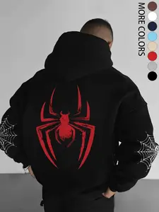 Men's Fall Winter Hoodie with Spider Pattern, Drawstring and Kangaroo Pocket, Casual Fitted Sweatshirt, Street Fashion