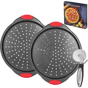 Pizza Pan for Oven (2 PACK), Pizza Baking Trays with Pizza , Non-Stick Pizza Baking Pan with Perforated Holes and  Handle, Oven & Dishwasher Safe Carbon Steel