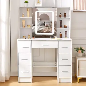 White Vanity Desk with Mirror and Lights, LED Lighted Sliding Makeup Vanity Mirror 3 Colors Adjustable Brightness Dressing Table with 7 Storage Drawers, Silver Handles