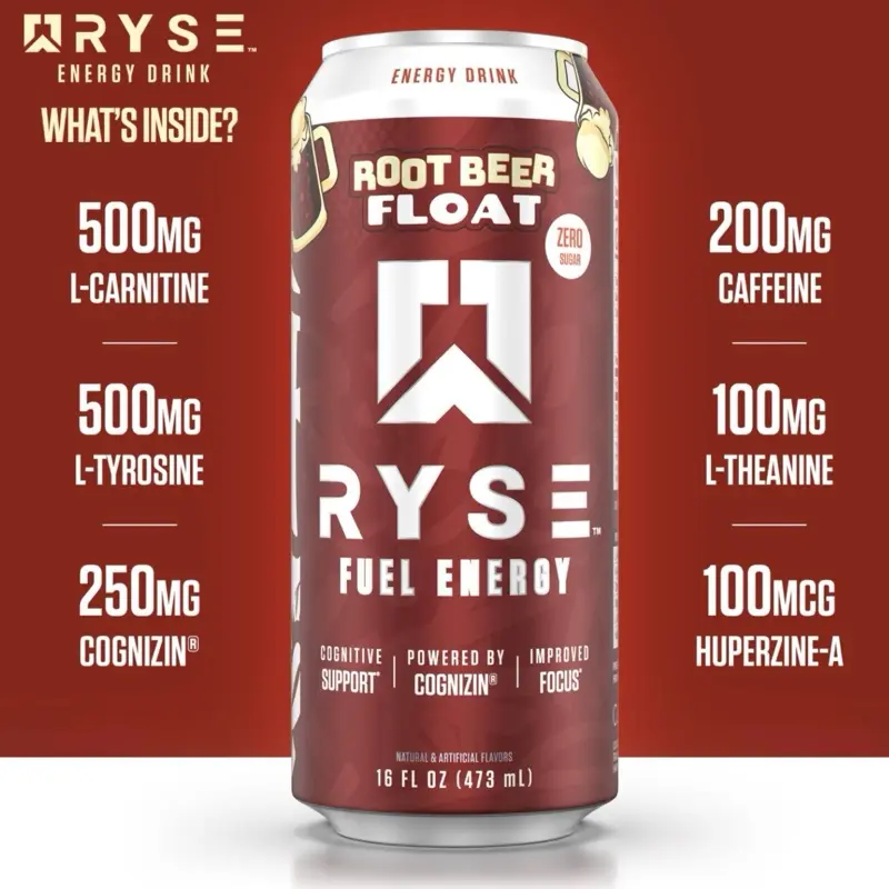 RYSE Fuel Sugar-Free Energy Drink - Root Beer Float Flavor - 200mg Natural Caffeine - New Formula Supports Cognitive Health, Improves Focus - No Artificial Colors - 16 fl oz Cans (12-Pack)