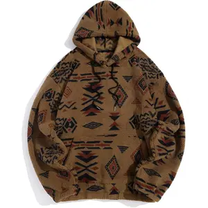 ZAFUL Men's Hoodies Ethnic Style Contrast Binding Kangaroo Pocket Loose Pullover Fuzzy Hoodie