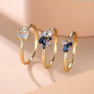 Luxury Royal Blue Purple White Zircon Triple Ring Set Rose Gold Color Stacking Thin Rings For Women Bridal Wedding Bands Jewelry
