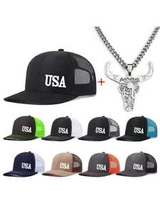 Unisex Baseball Cap & Bull Head Necklace Set, Adjustable Hat, Usa Printed Mesh Design, Casual All-Season Wear, Adjustable Fit, Ideal for Men/women